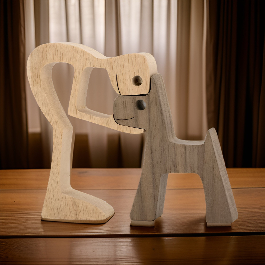 Handmade Wooden Dog Owner Statue Human Bond Sculpture - Image 5