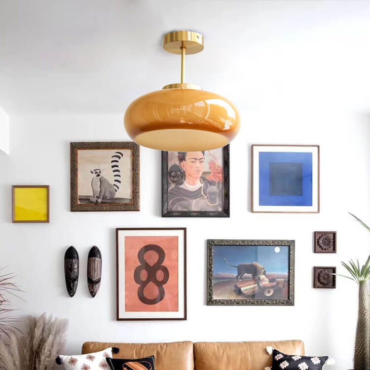 Valthera - Lampada da soffitto vintage in ottone con vetro giallo semi a plafone