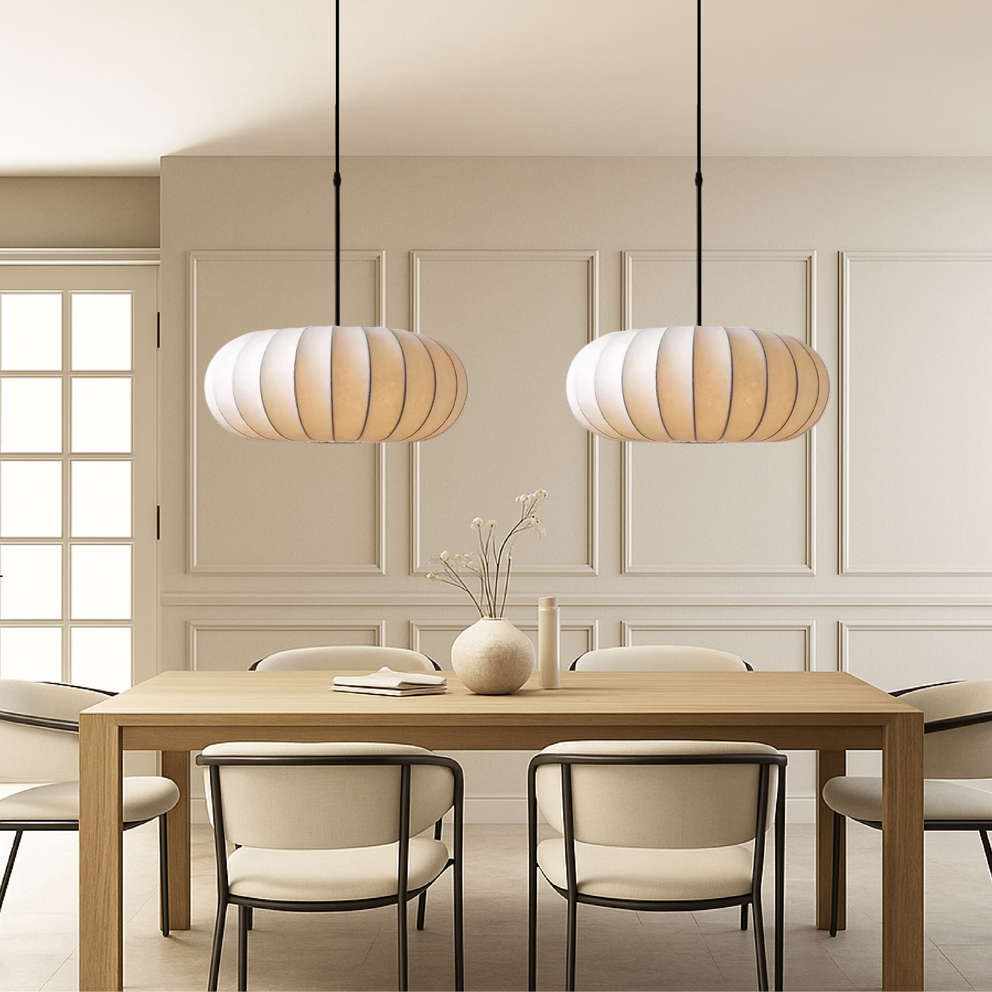Dinam - Lampada a sospensione ovale scandinava con paralume in tessuto per sala da pranzo