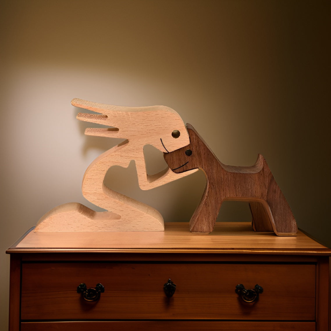 Handmade Wooden Dog Owner Statue Human Bond Sculpture - Image 6