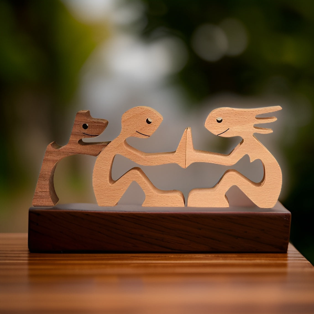 Handmade Wooden Dog Owner Statue Human Bond Sculpture