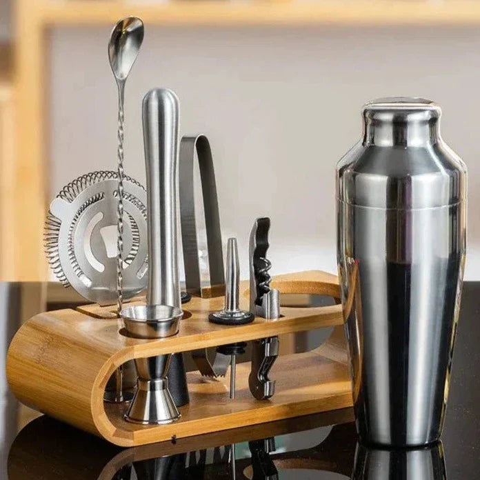 Stainless Steel Cocktail Shaker Set Bartender Kit Bamboo Stand