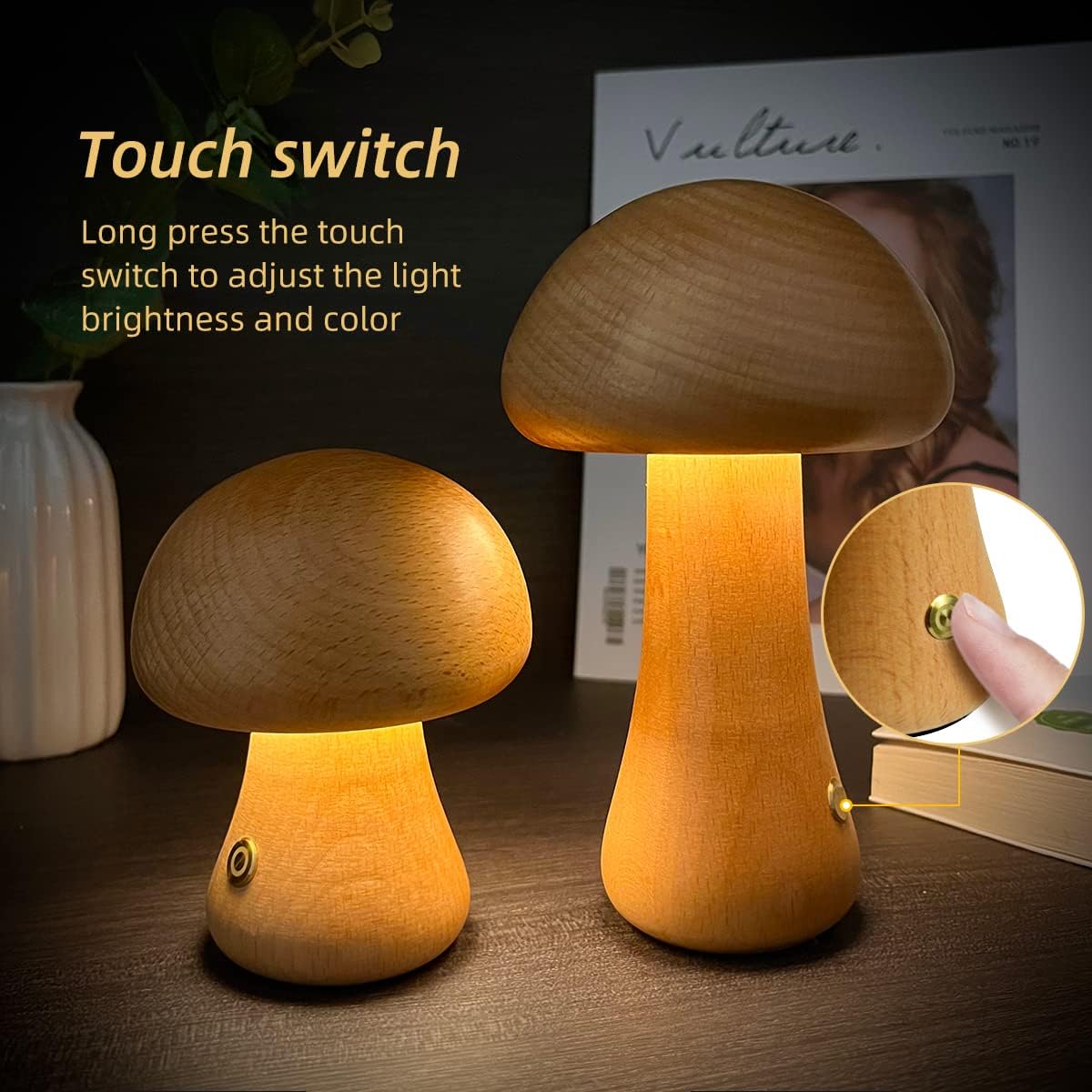 Mykora - Lampe de table champignon en bois tactile