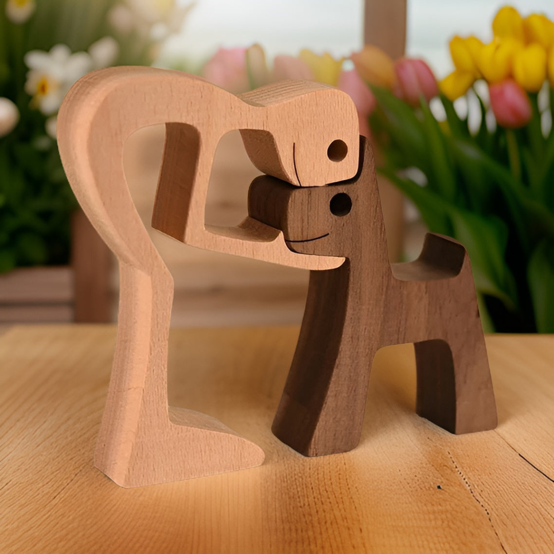 Handmade Wooden Dog Owner Statue Human Bond Sculpture - Image 3
