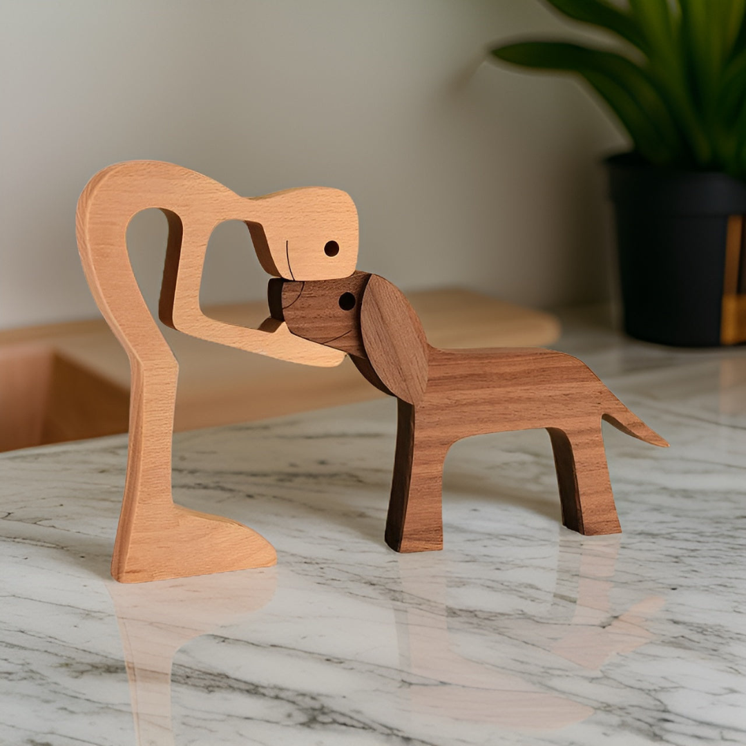 Handmade Wooden Dog Owner Statue Human Bond Sculpture - Image 4