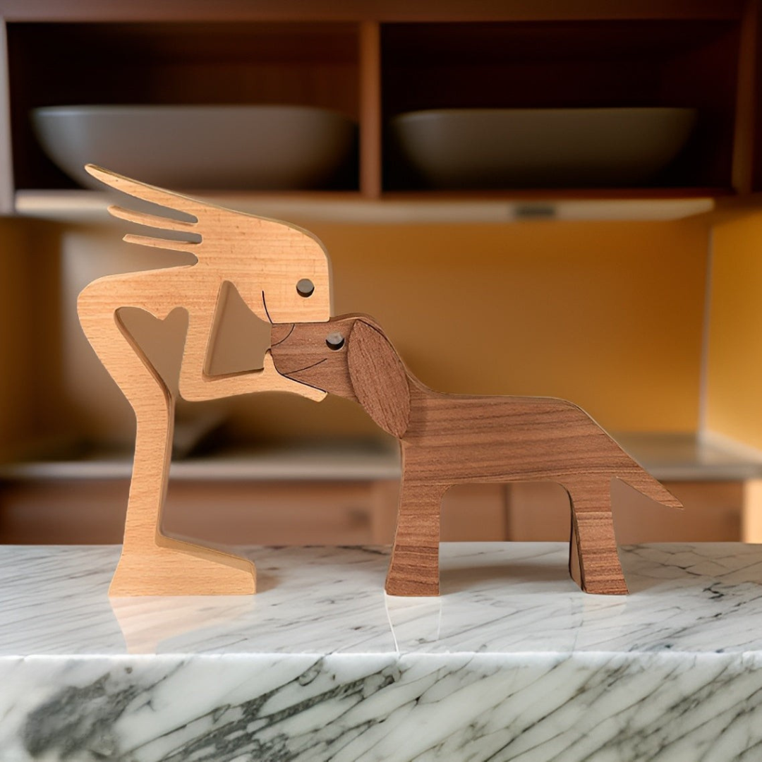 Handmade Wooden Dog Owner Statue Human Bond Sculpture - Image 2