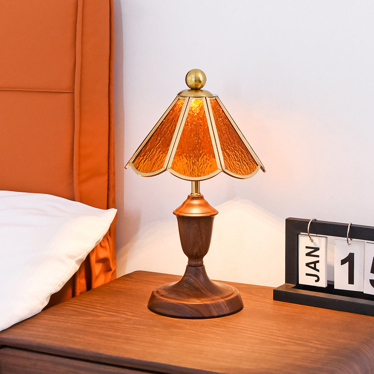 Modern Glass Iron Walnut Table Lamp Ambient LED - Image 8