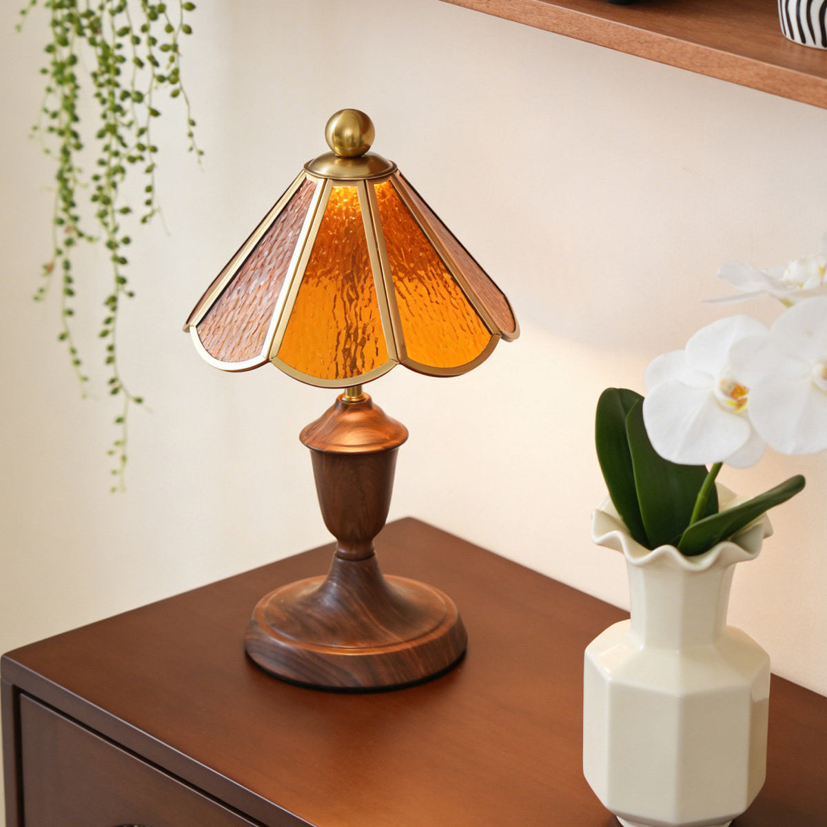 Modern Glass Iron Walnut Table Lamp Ambient LED - Image 9