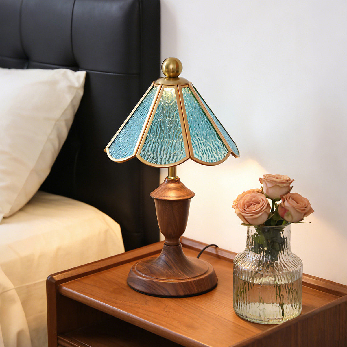 Modern Glass Iron Walnut Table Lamp Ambient LED - Image 7