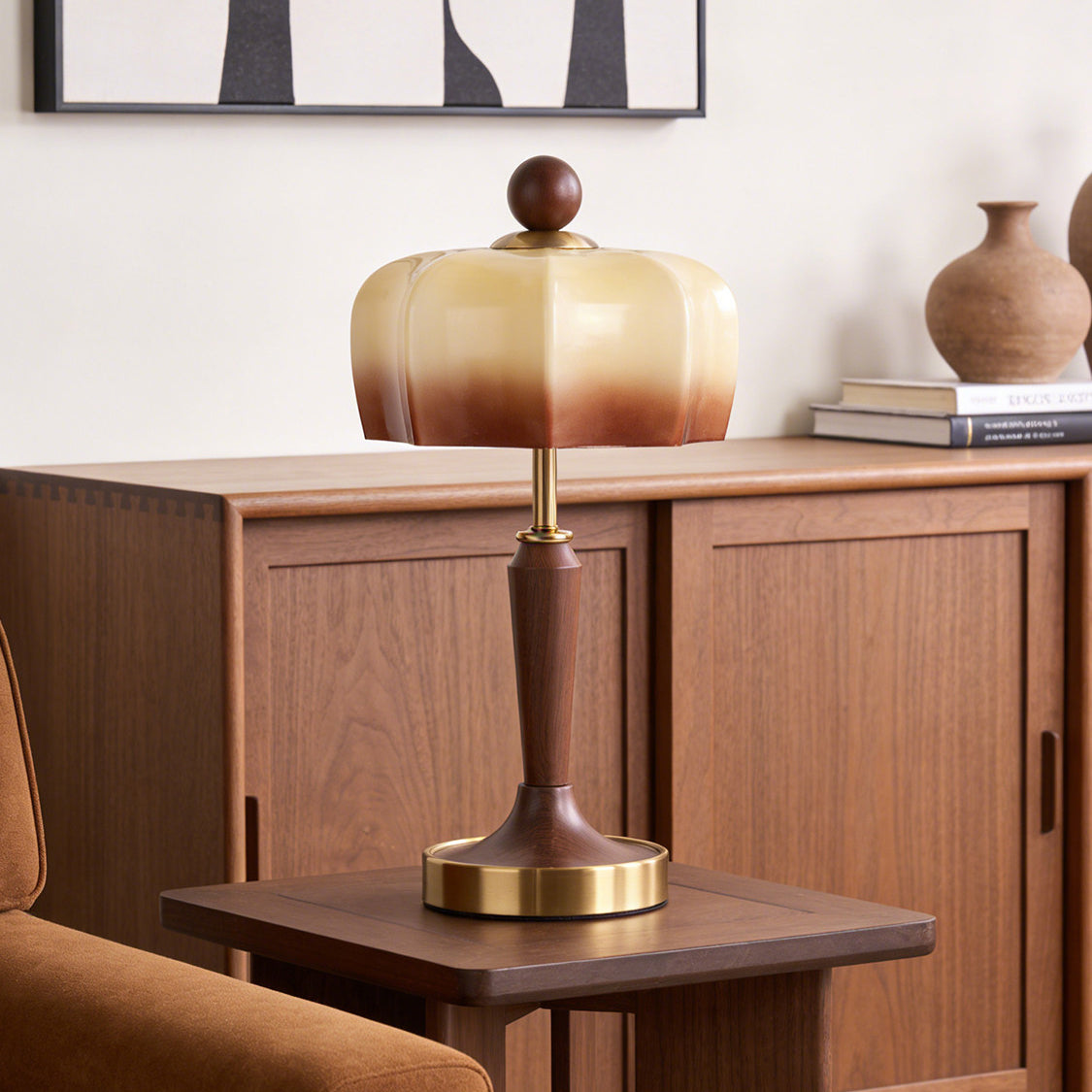 Modern Walnut Wood Grain Glass Shade Table Lamp - Image 4