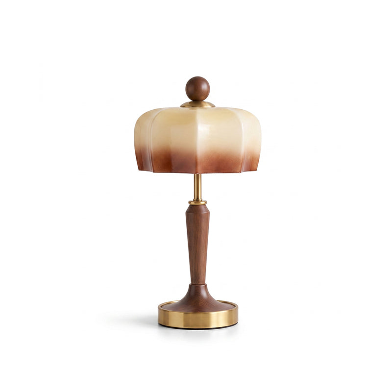 Modern Walnut Wood Grain Glass Shade Table Lamp