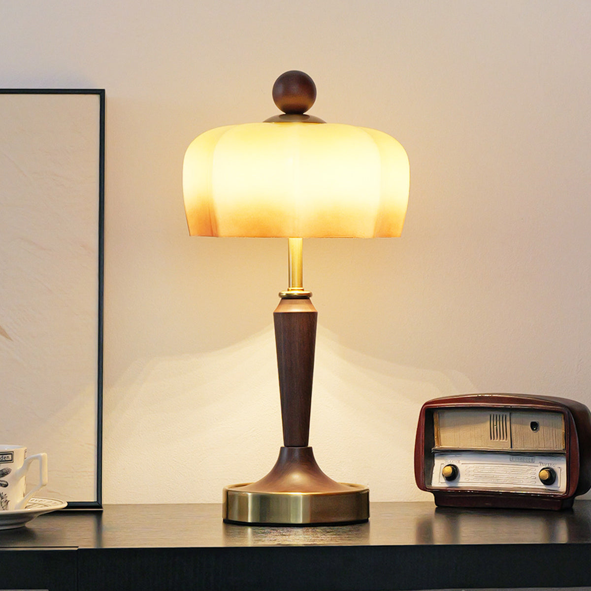 Modern Walnut Wood Grain Glass Shade Table Lamp - Image 5