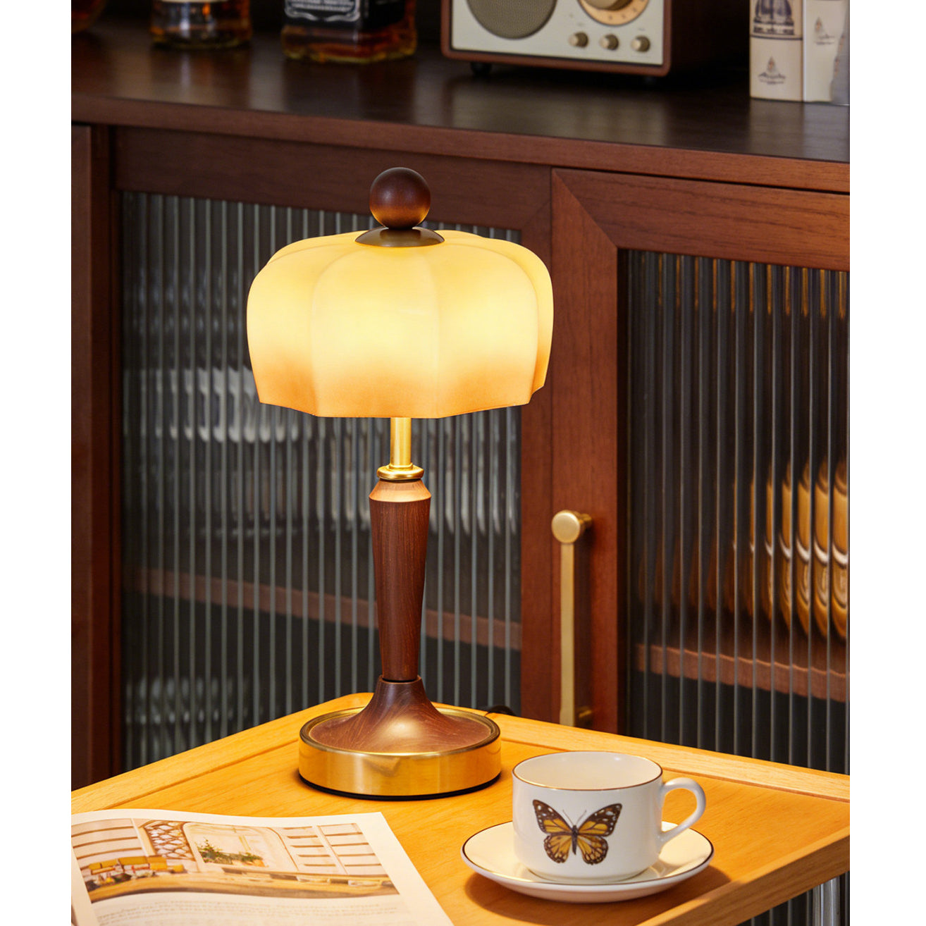 Modern Walnut Wood Grain Glass Shade Table Lamp - Image 3