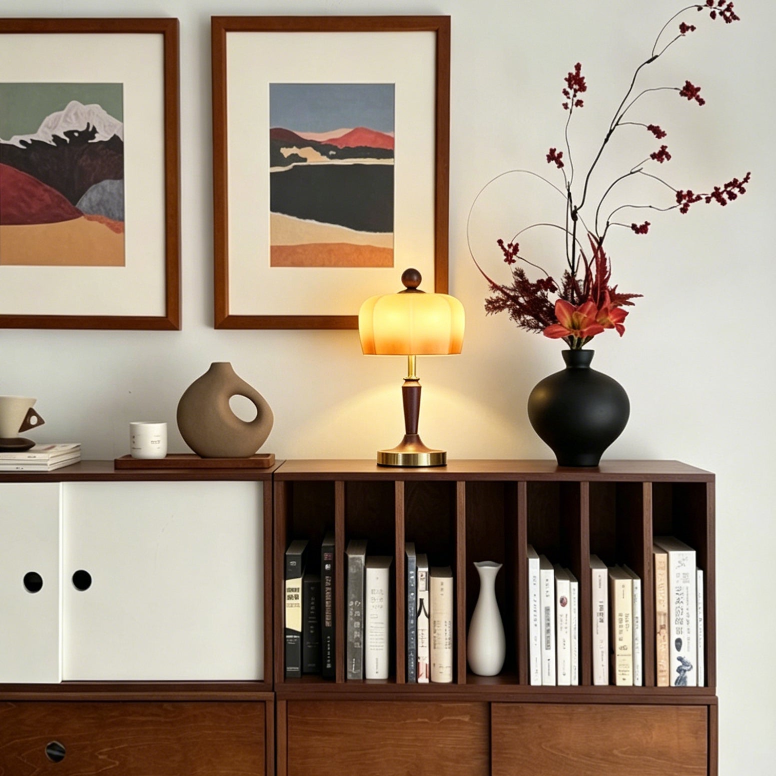 Modern Walnut Wood Grain Glass Shade Table Lamp - Image 7