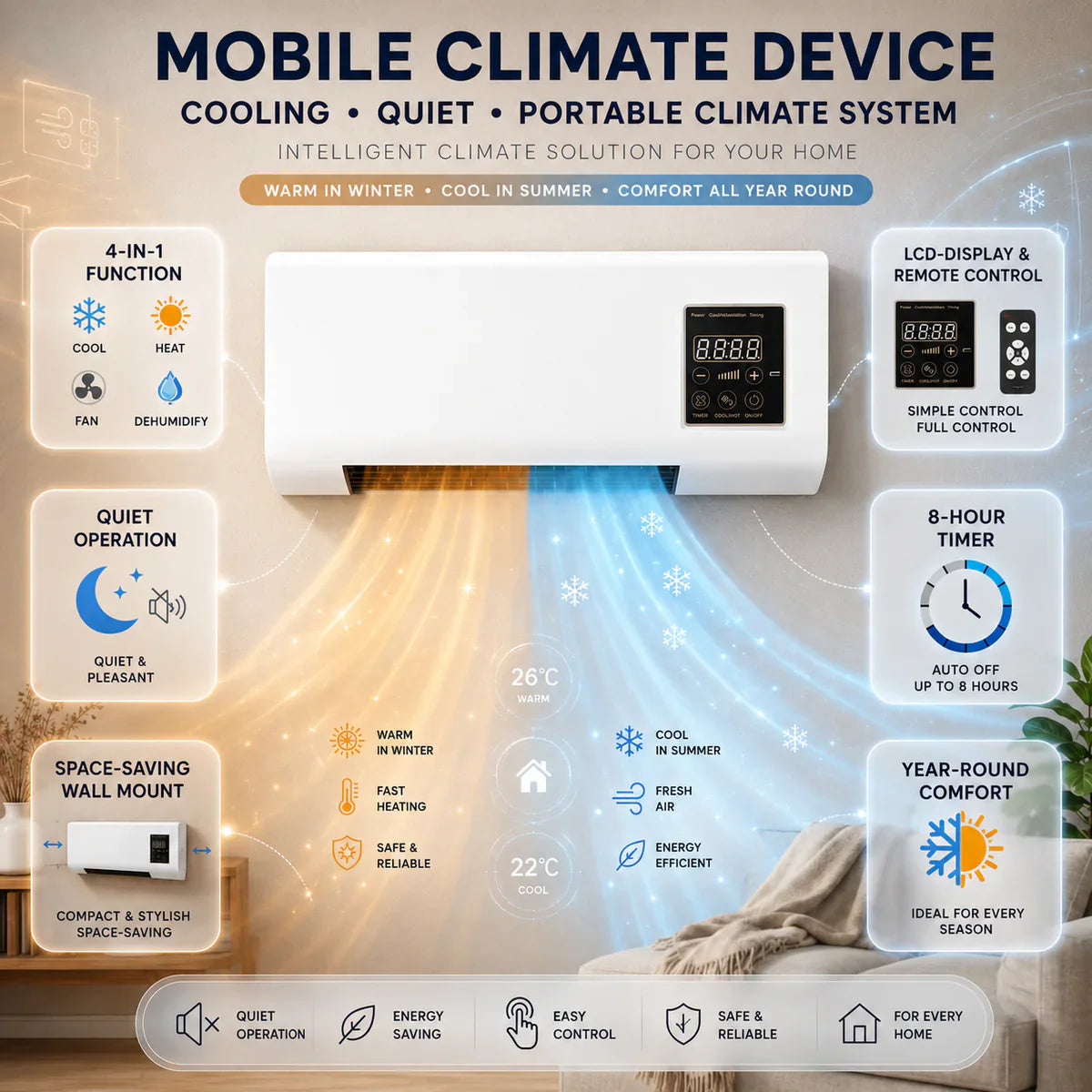 Wall Mounted 4-in-1 AC Unit No Outdoor Unit Heater Dehumidifier Fan - Image 4
