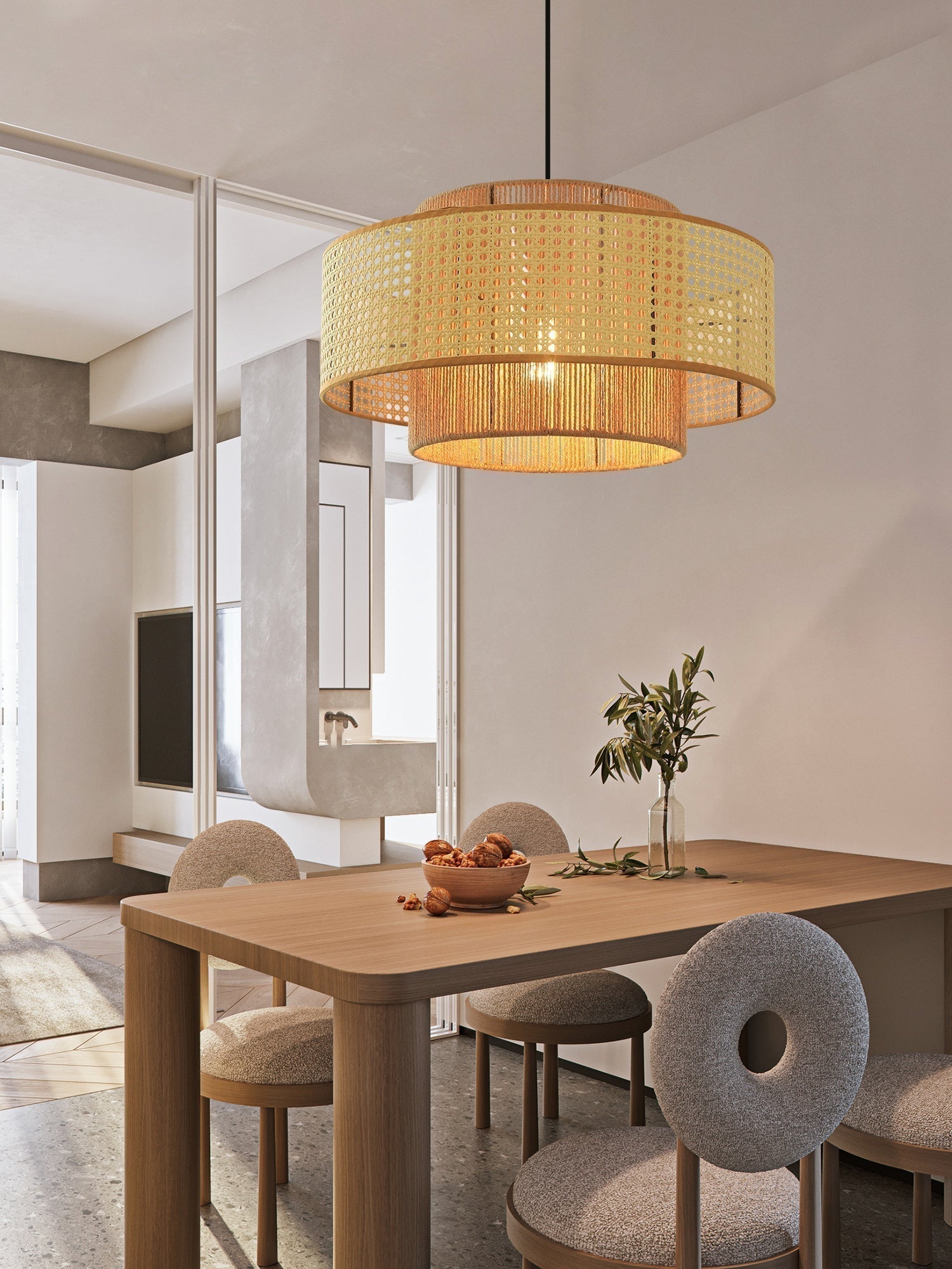 Ulshayra – Lampada a sospensione in rattan concentrico