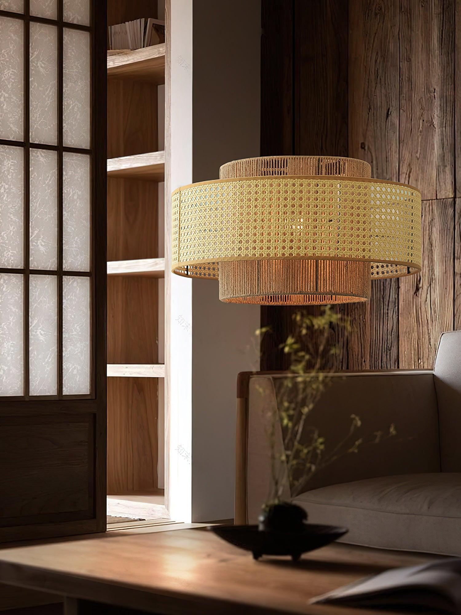 Ulshayra – Lampada a sospensione in rattan concentrico