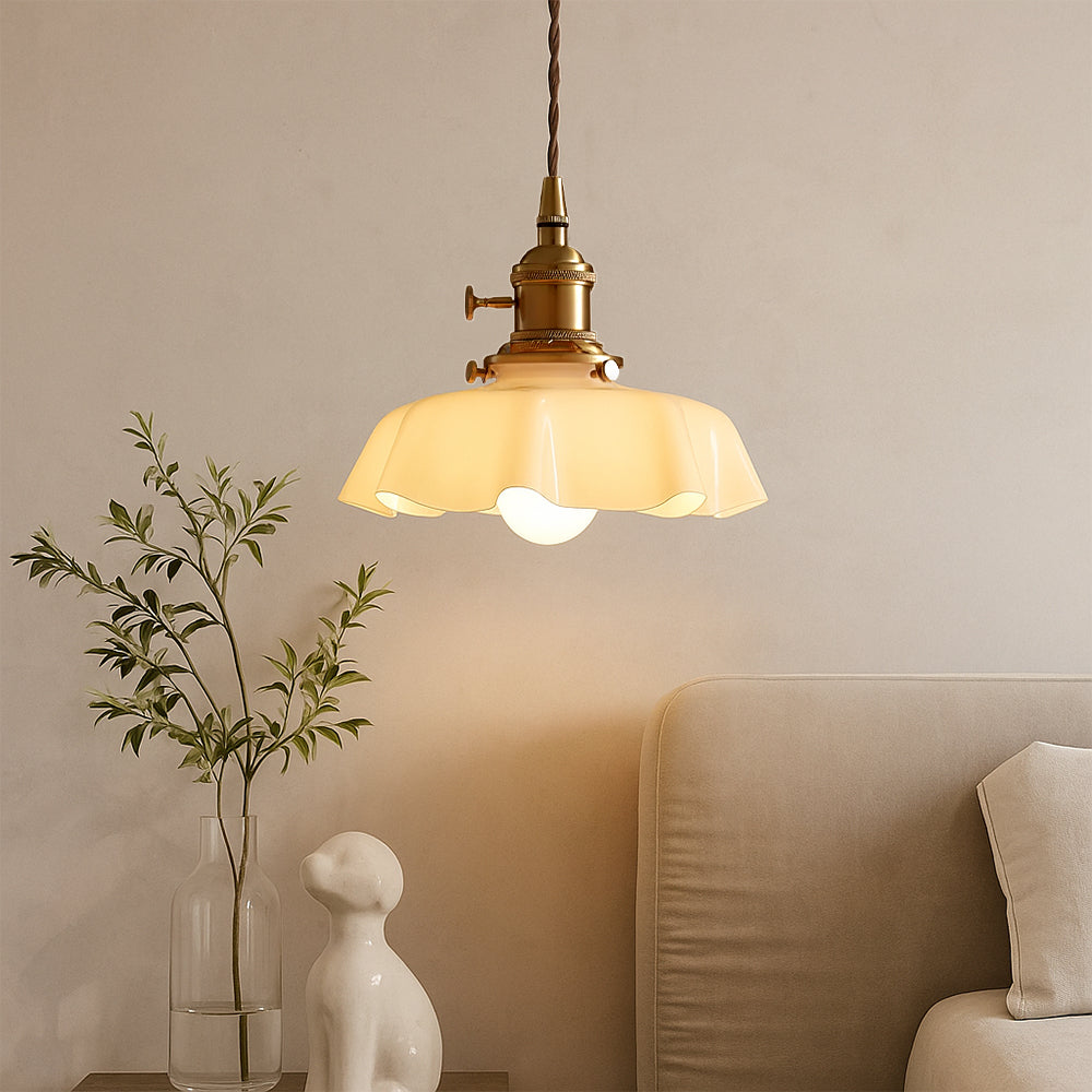 French Style Scalloped Cream Glass Brass Pendant Lamp