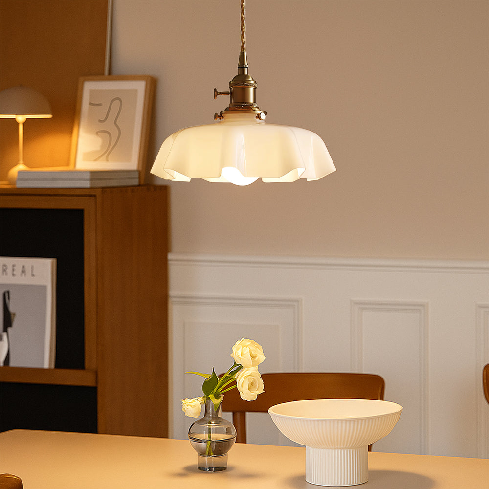 French Style Scalloped Cream Glass Brass Pendant Lamp - Image 2