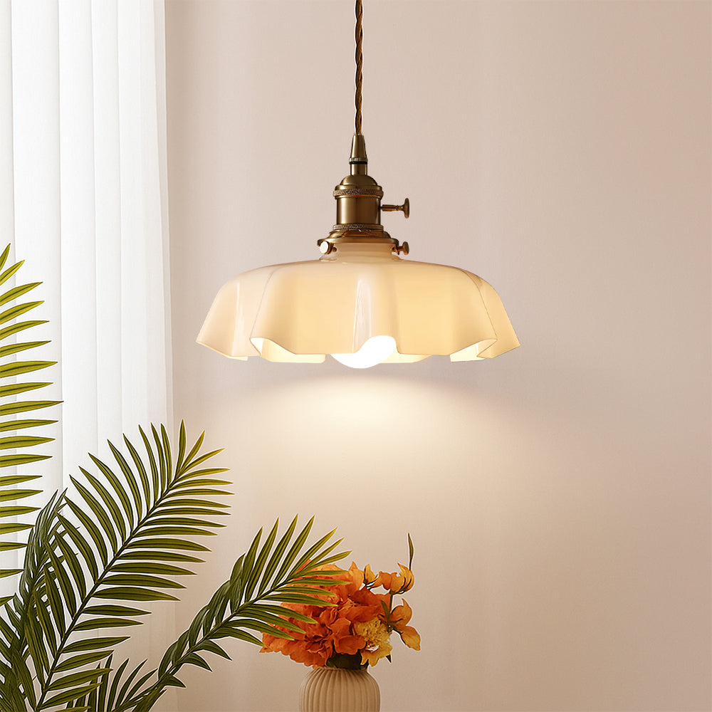 French Style Scalloped Cream Glass Brass Pendant Lamp - Image 4