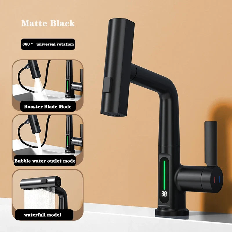 Extendable Waterfall Kitchen Faucet Stainless Steel Temperature Display - Image 8
