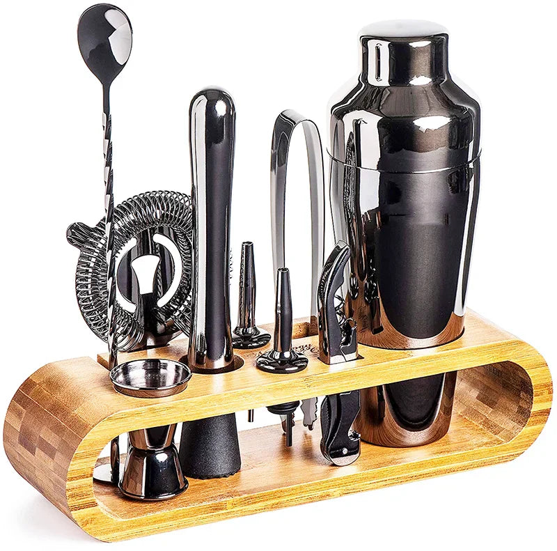 Stainless Steel Cocktail Shaker Set Bartender Kit Bamboo Stand - Image 10