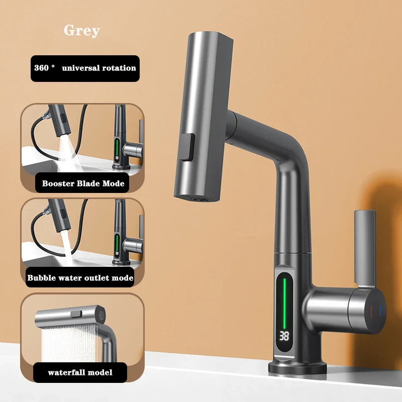 Extendable Waterfall Kitchen Faucet Stainless Steel Temperature Display - Image 6