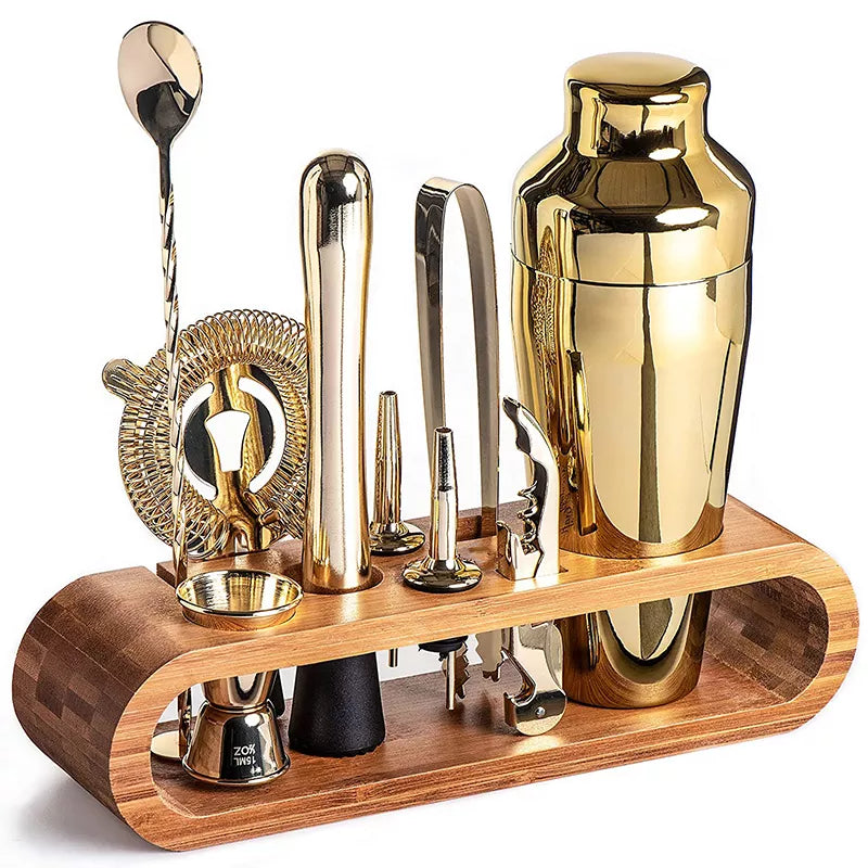 Stainless Steel Cocktail Shaker Set Bartender Kit Bamboo Stand - Image 9
