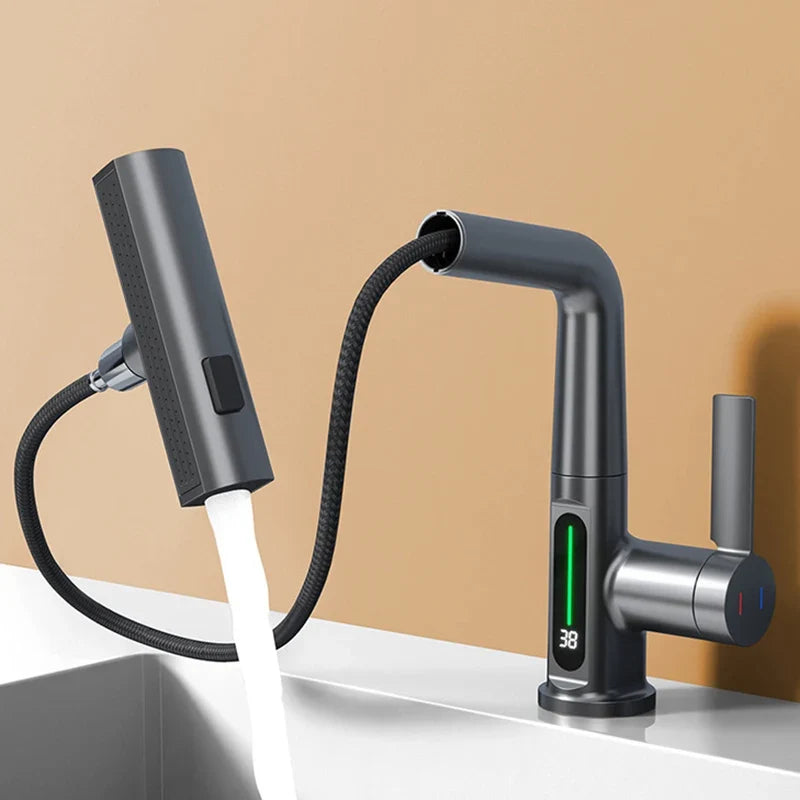 Extendable Waterfall Kitchen Faucet Stainless Steel Temperature Display