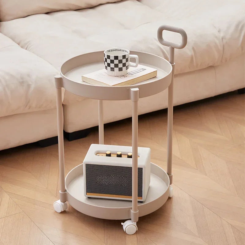 2-Layer Round Rolling Side Table Wheels Handle