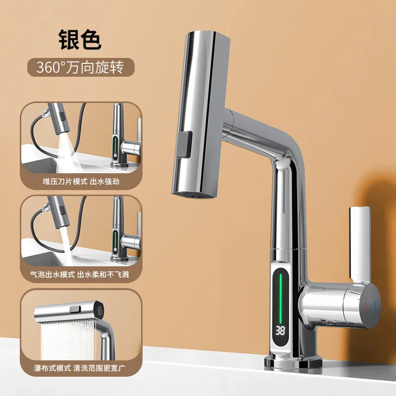 Extendable Waterfall Kitchen Faucet Stainless Steel Temperature Display - Image 7