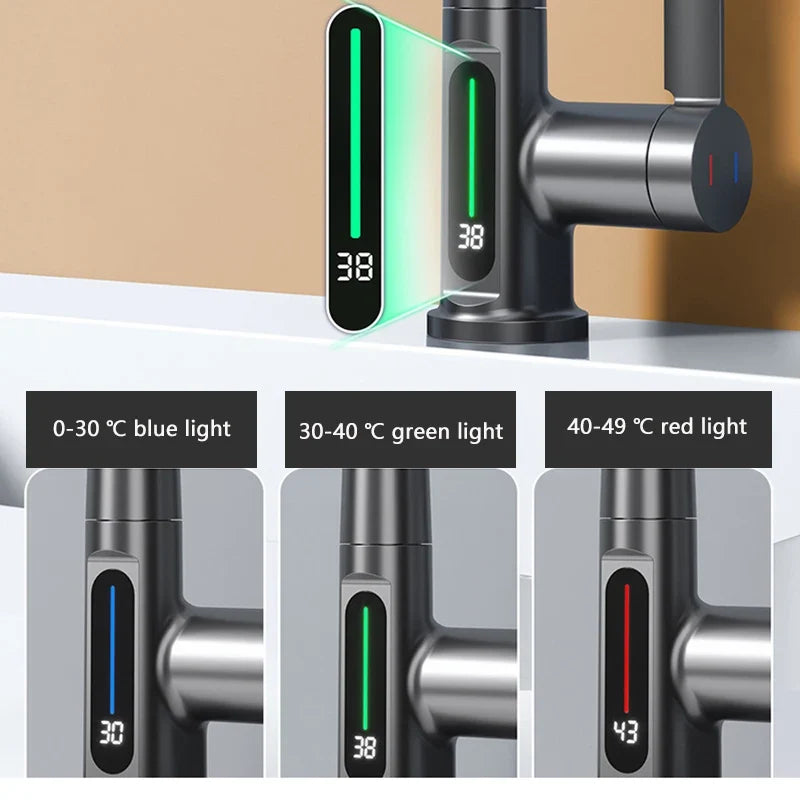 Extendable Waterfall Kitchen Faucet Stainless Steel Temperature Display - Image 3