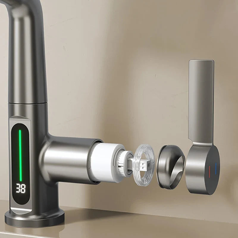 Extendable Waterfall Kitchen Faucet Stainless Steel Temperature Display - Image 4