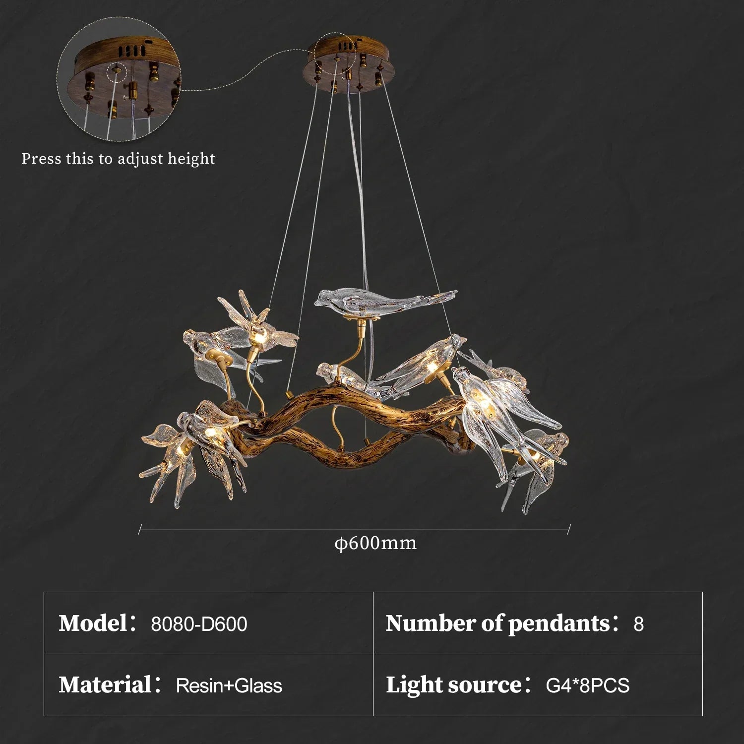 Sylverra - Suspension lustre branche d’hirondelle