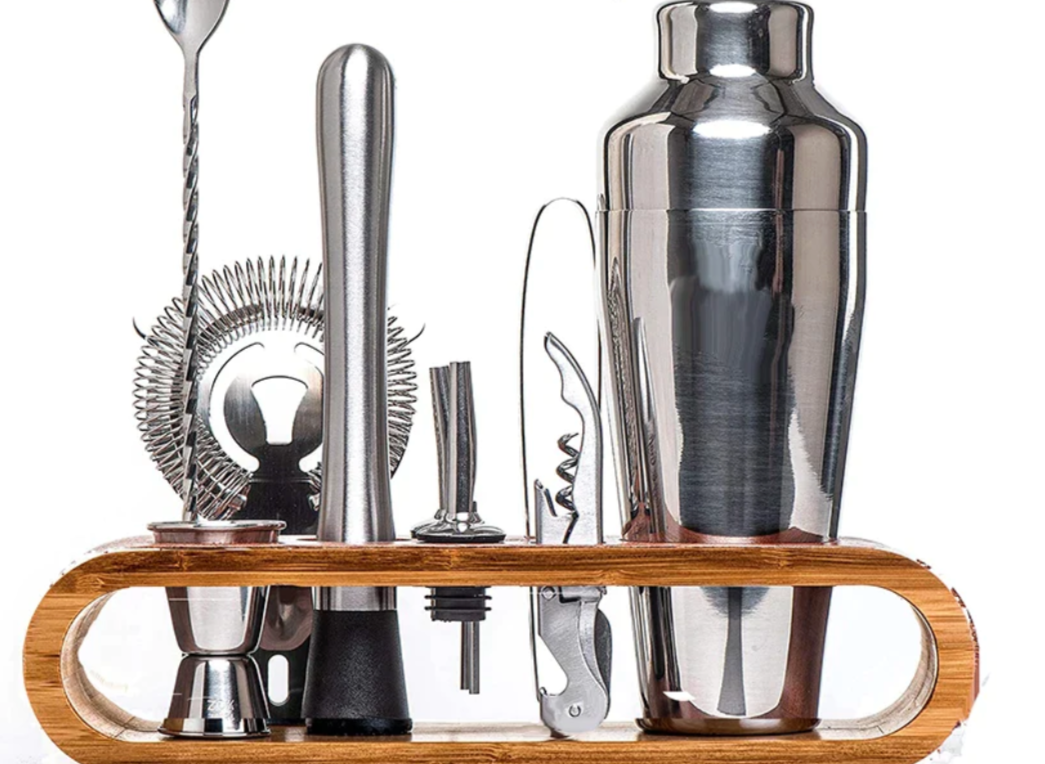 Stainless Steel Cocktail Shaker Set Bartender Kit Bamboo Stand - Image 6