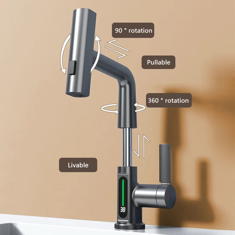 Extendable Waterfall Kitchen Faucet Stainless Steel Temperature Display - Image 2