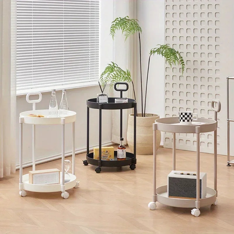 2-Layer Round Rolling Side Table Wheels Handle - Image 3
