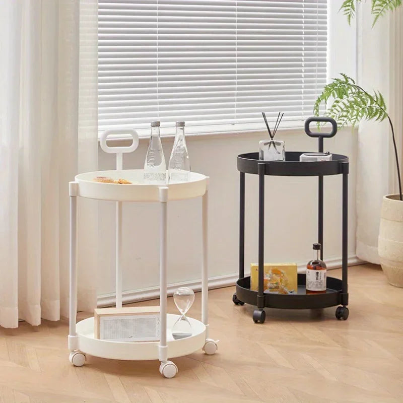 2-Layer Round Rolling Side Table Wheels Handle - Image 2