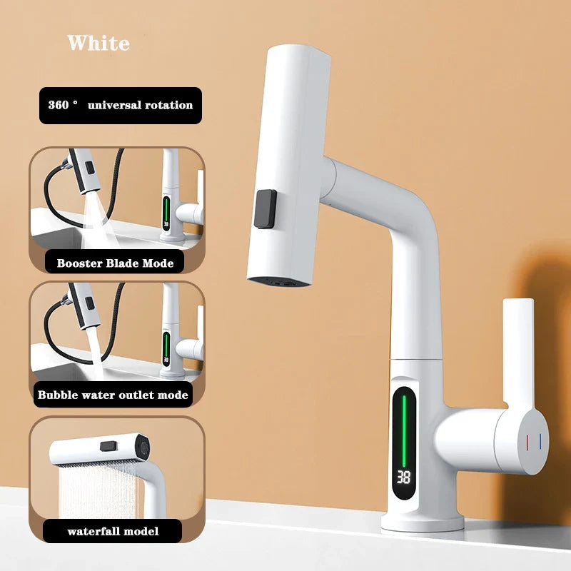 Extendable Waterfall Kitchen Faucet Stainless Steel Temperature Display - Image 5