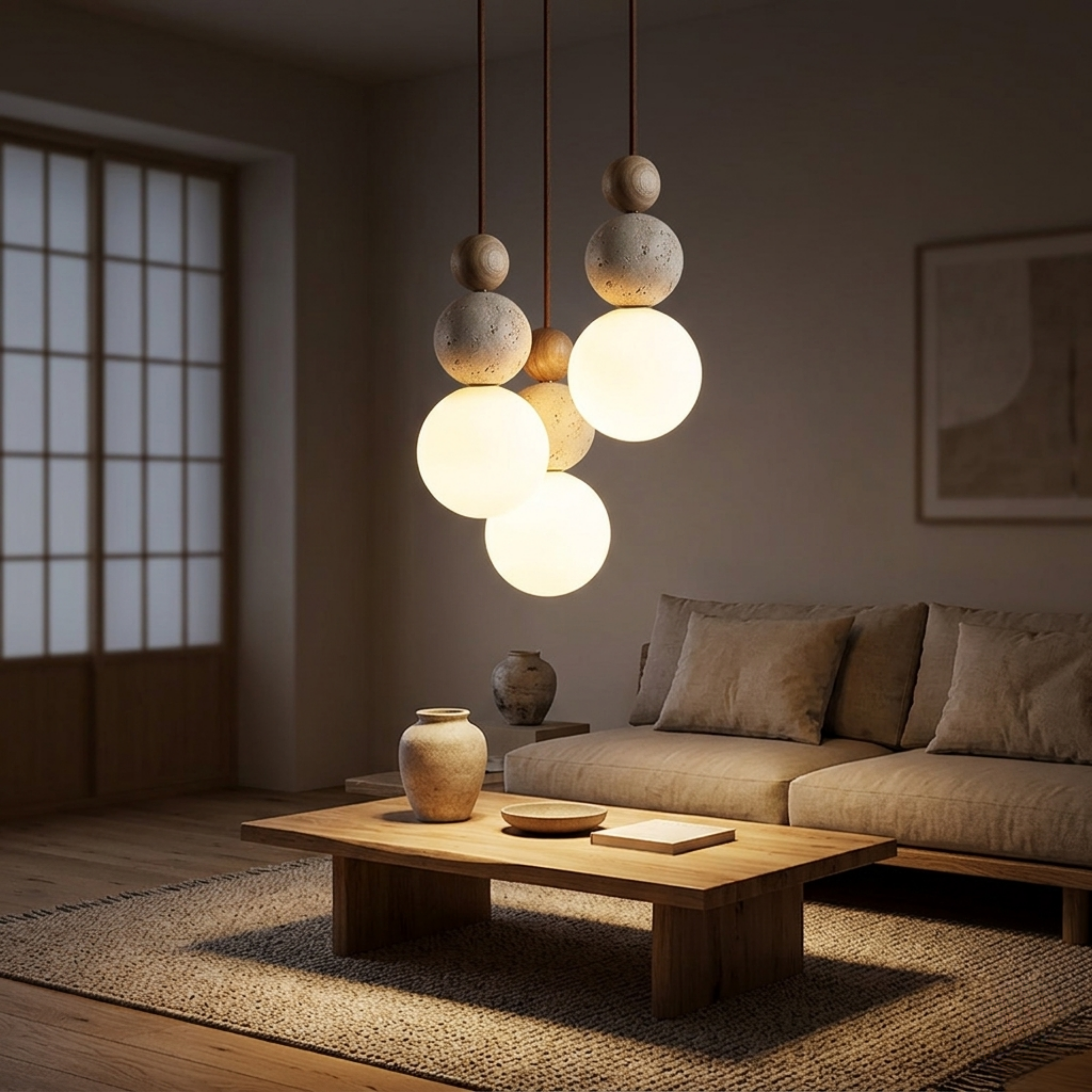Cremon – Lampada a sospensione in legno e travertino crema