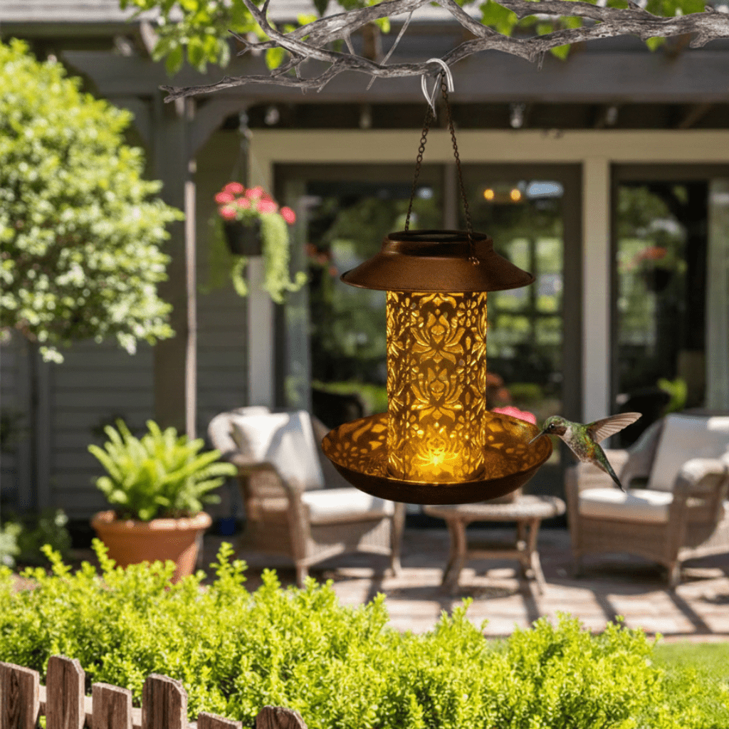 Aviora – Lampada a sospensione vintage LED solare a forma di mangiatoia per uccelli cilindrica