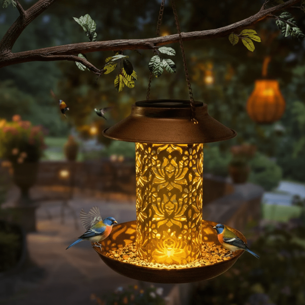 Aviora – Lampada a sospensione vintage LED solare a forma di mangiatoia per uccelli cilindrica