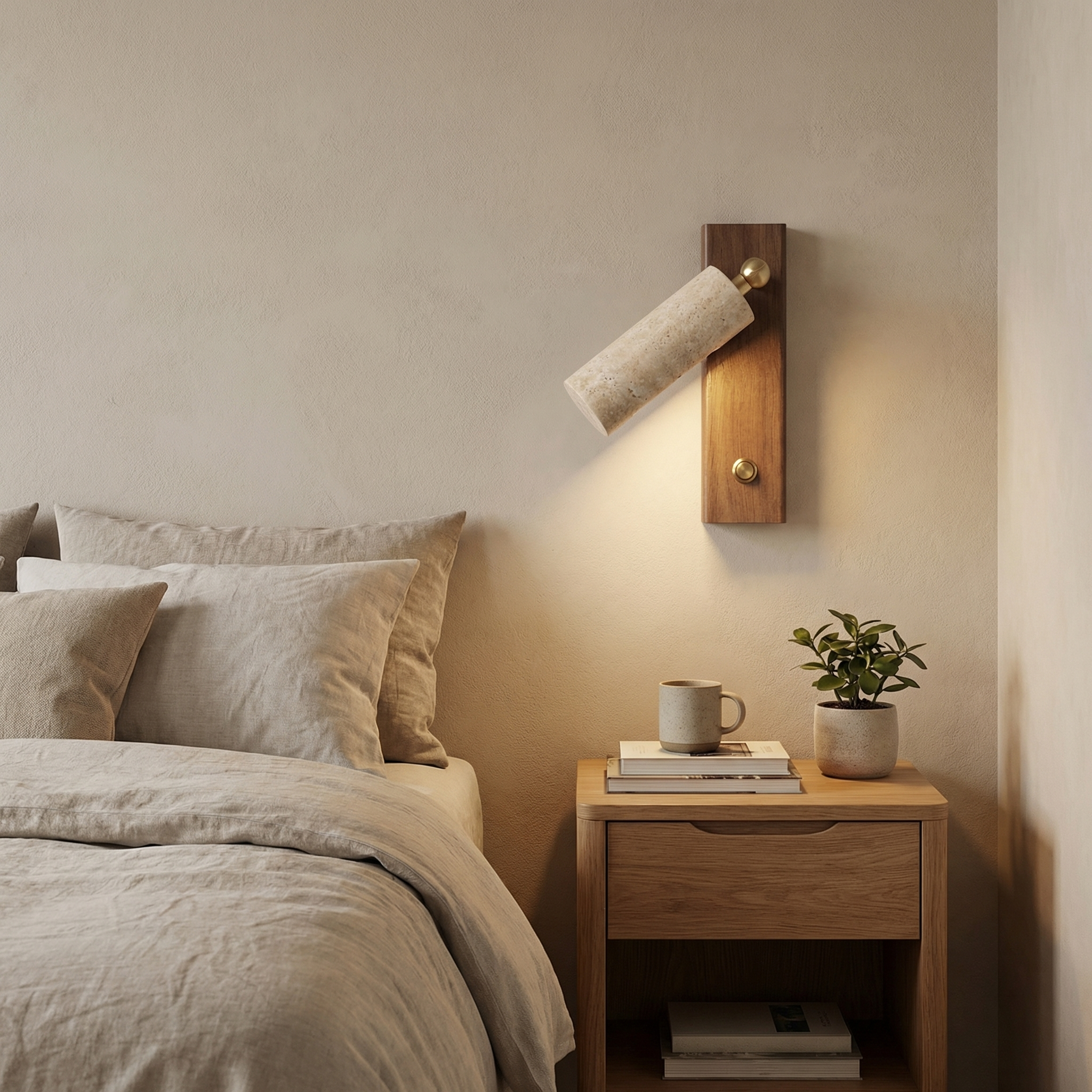 Vemorin - Lampe murale réglable en travertin avec panneau en bois de noyer